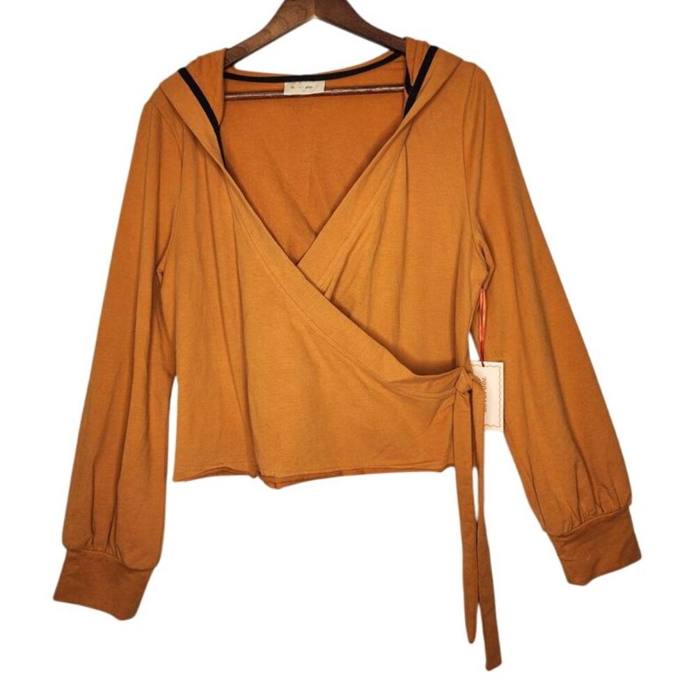NWT Lovefool Women's Wrap Orange Splice Neckline‎ Hooded Long Sleeve Shirt Large